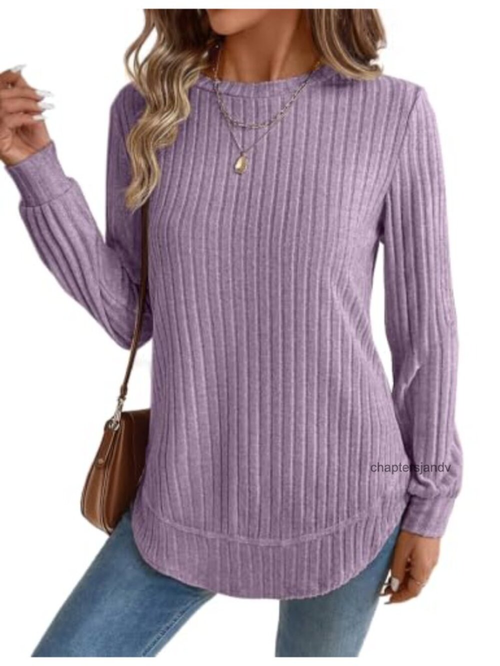 Womens Long Sleeve Tunic Sweater Crew Neck Lightweight Ribbed Knit Pullover